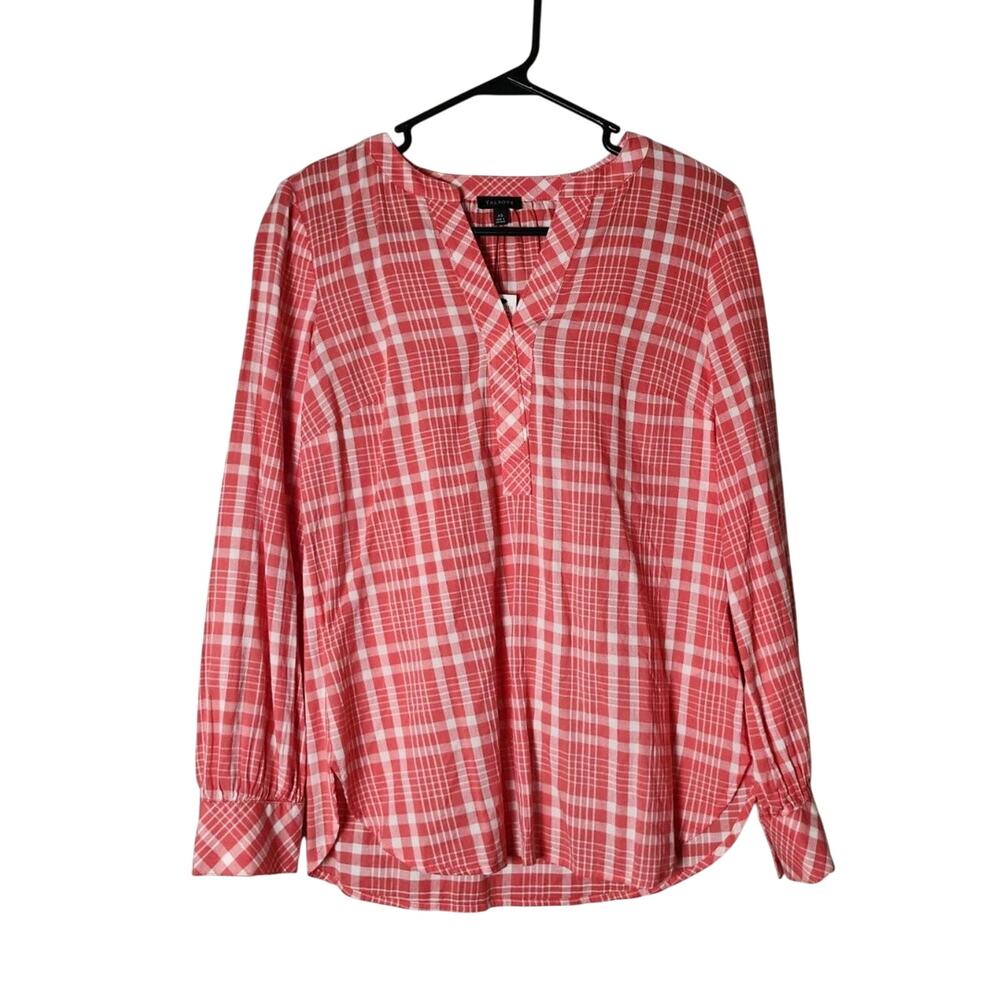 Talbots Blouse Size‎ XS Red White Plaid V-Neck Long Sleeve NWT
